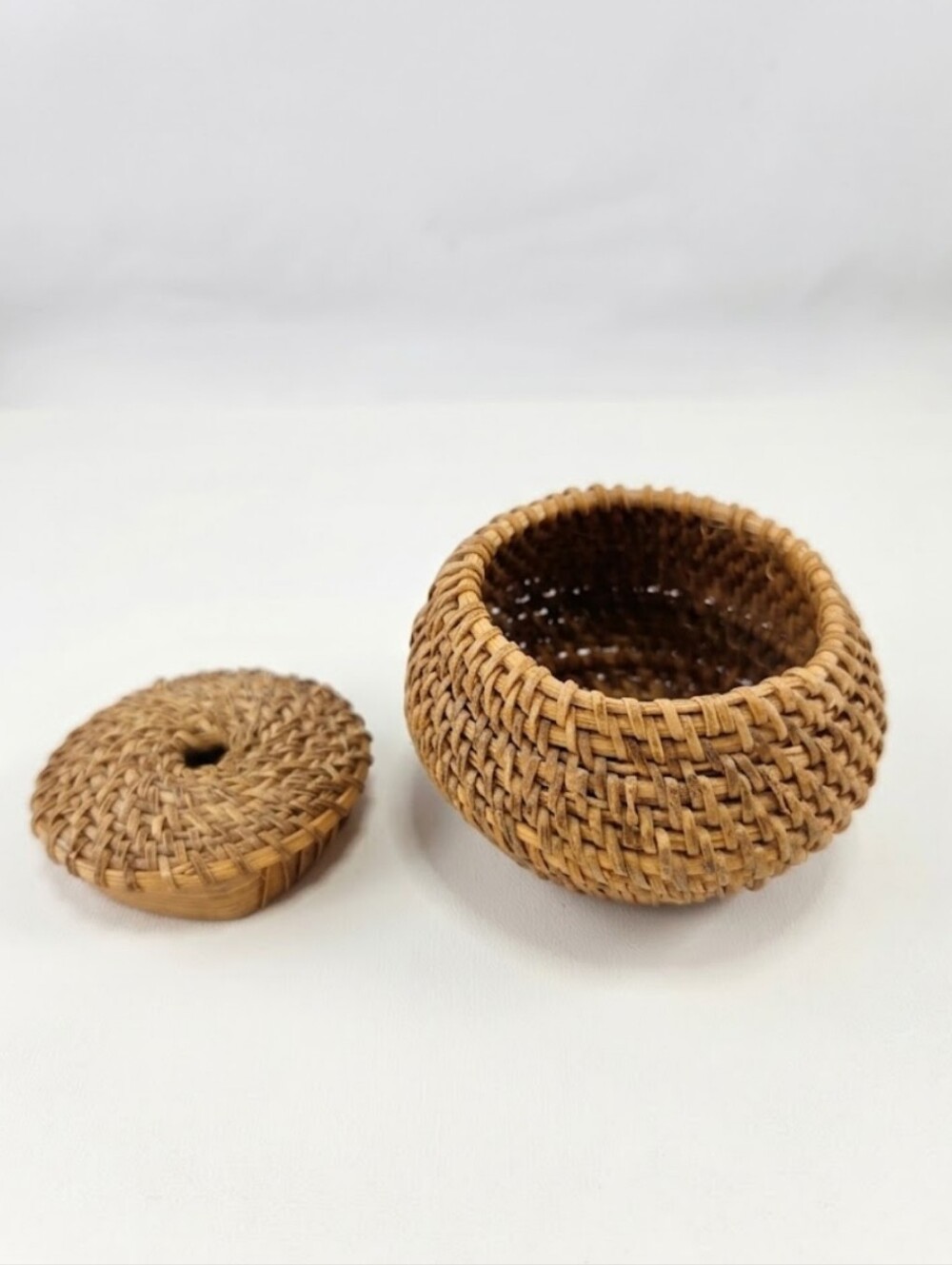 Vintage Miniature Basket, Woven Rattan Lidded Coiled String Holder